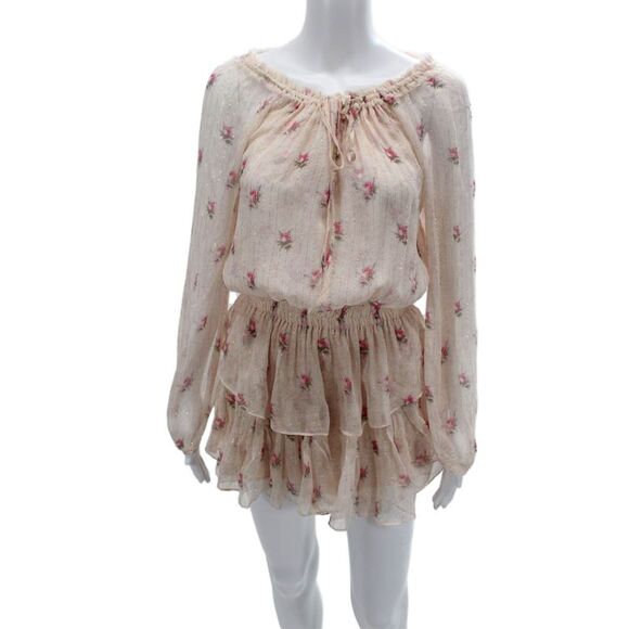 Love Shack Fancy Dresses & Skirts - Love Shack Fancy Womens Blouson Floral Beige Long Sleeve Silk Dress Size XS